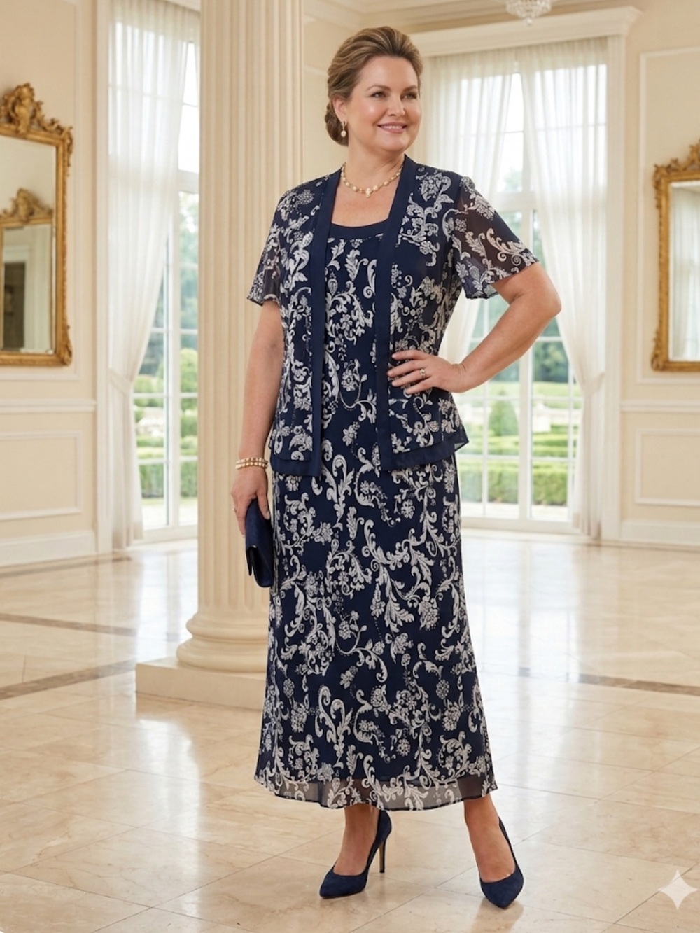 Studio I 2 Piece Navy Floral Maxi Dress Jacket Set Plus Size 22W